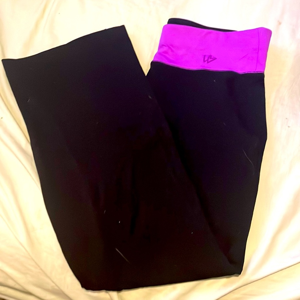 Black yoga pants with purple band. Size 14-/16. Like new!